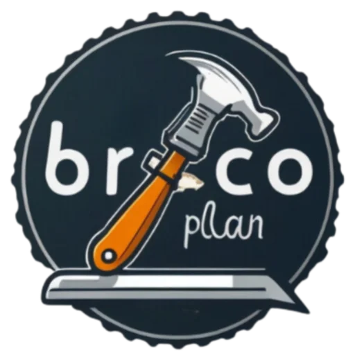 Logotipo de Bricoplan - inspirador de bricolaje, con herramientas organizadas para proyectos DIY, invitando a la creatividad y el trabajo manual