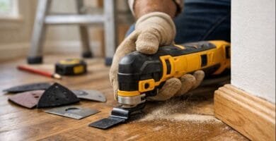 Multiherramienta oscilante cortando madera en un proyecto de bricolaje doméstico