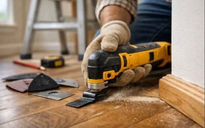 Multiherramienta oscilante cortando madera en un proyecto de bricolaje doméstico