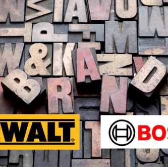Fondo de letras tipográficas de madera con los logotipos de las marcas de herramientas DeWalt y Bosch, representando una comparativa de marcas líderes en bricolaje y herramientas profesionales.