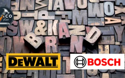 Fondo de letras tipográficas de madera con los logotipos de las marcas de herramientas DeWalt y Bosch, representando una comparativa de marcas líderes en bricolaje y herramientas profesionales.