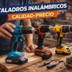 Taladros inalámbricos calidad-precio comparados en banco de trabajo: Einhell, Black+Decker y DeWalt para bricolaje doméstico