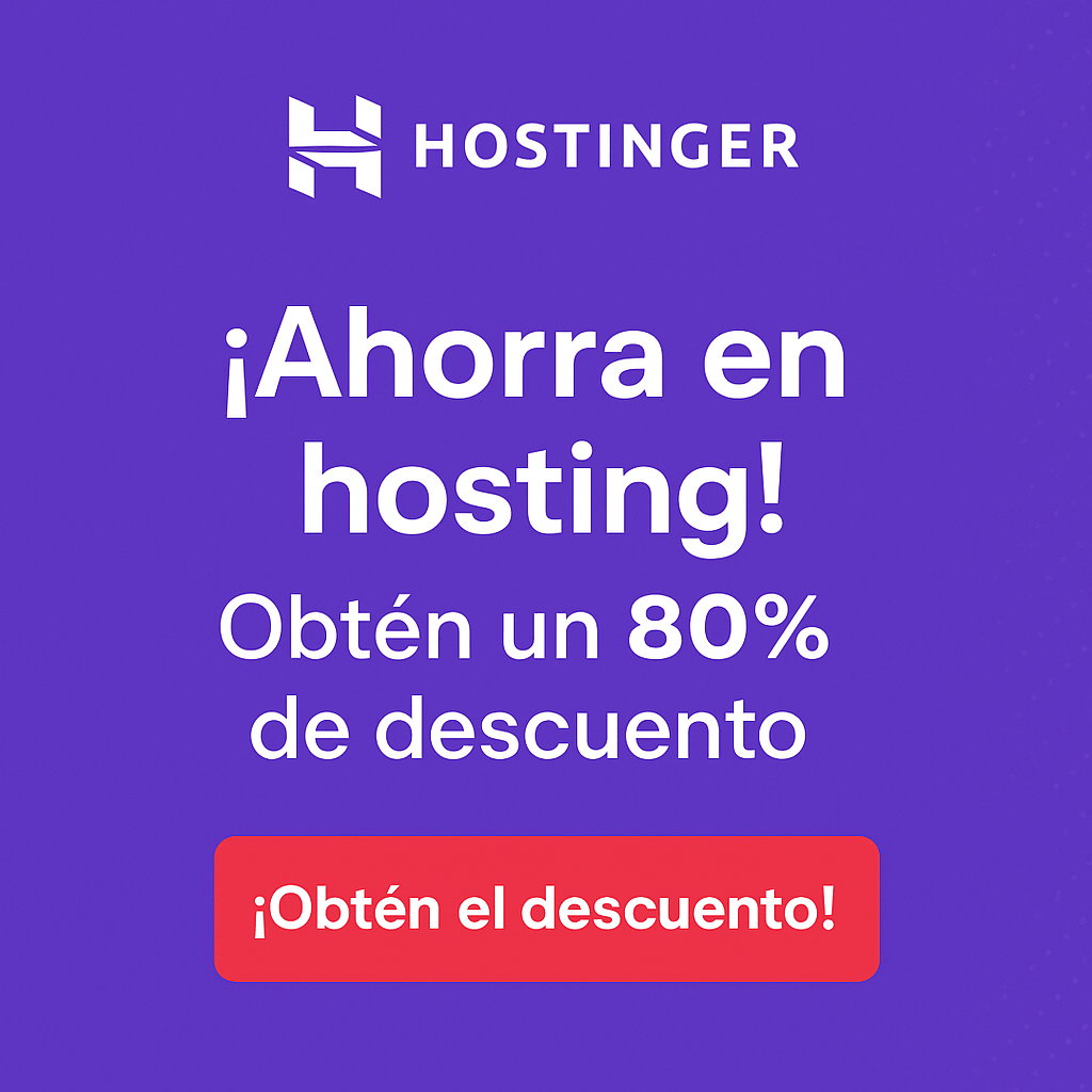 Banner de Hostinger que muestra una oferta del 80% en planes de hosting con un diseño moderno y un botón rojo de llamada a la acción. Optimizado para usuarios interesados en contratar hosting económico y fiable.