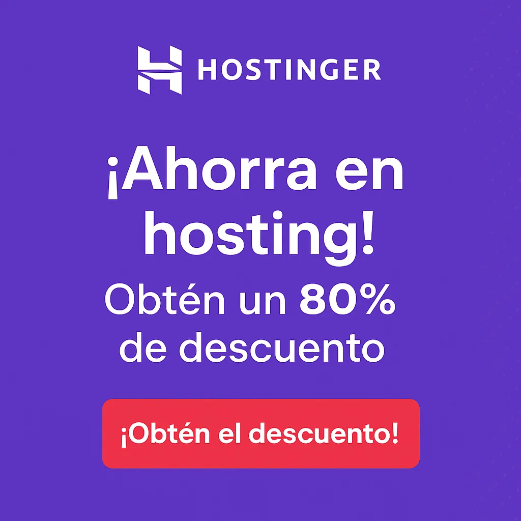 Banner de Hostinger que muestra una oferta del 80% en planes de hosting con un diseño moderno y un botón rojo de llamada a la acción. Optimizado para usuarios interesados en contratar hosting económico y fiable.