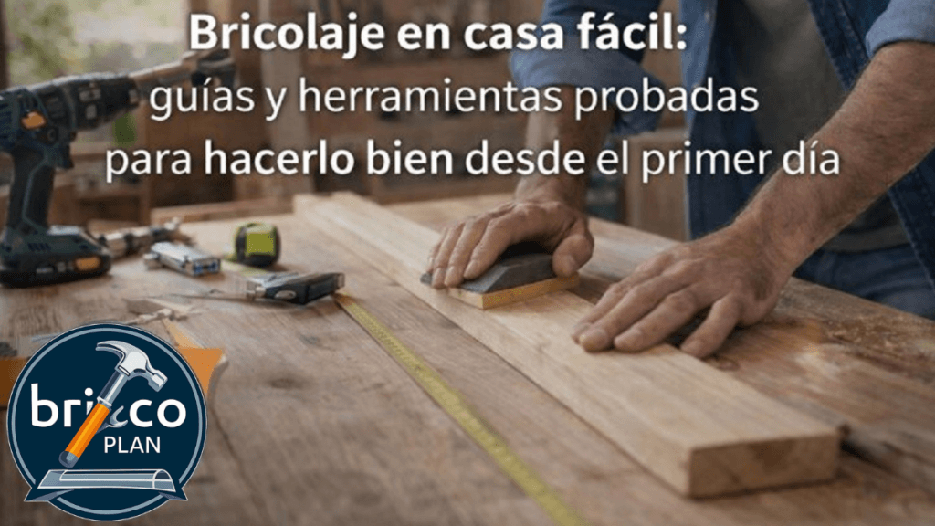 Hombre realizando bricolaje en casa con herramientas probadas sobre un banco de trabajo, siguiendo una guía práctica de Bricoplan
