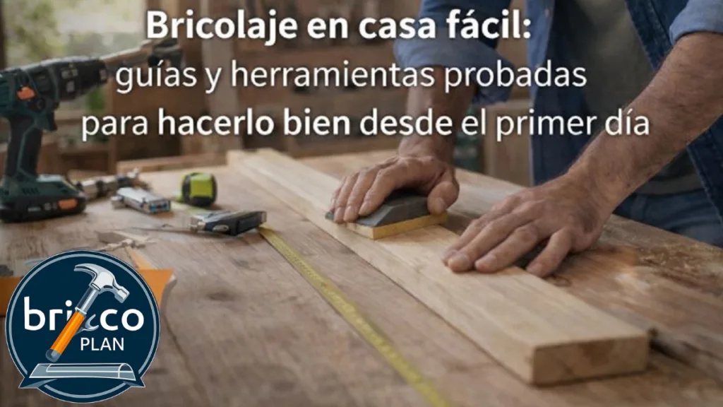 Hombre realizando bricolaje en casa con herramientas probadas sobre un banco de trabajo, siguiendo una guía práctica de Bricoplan
