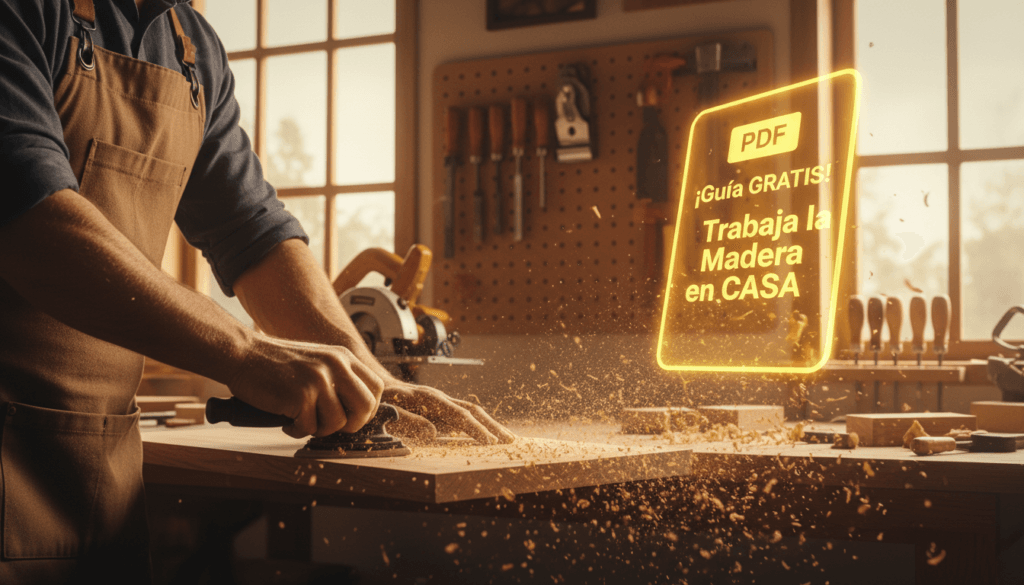 Guía gratis PDF para trabajar la madera en casa, hombre lijando tabla en taller casero con holograma del PDF