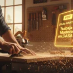 Guía gratis PDF para trabajar la madera en casa, hombre lijando tabla en taller casero con holograma del PDF