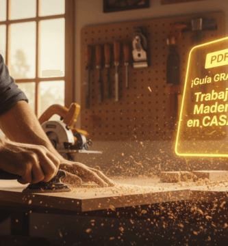 Guía gratis PDF para trabajar la madera en casa, hombre lijando tabla en taller casero con holograma del PDF