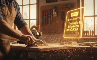 Guía gratis PDF para trabajar la madera en casa, hombre lijando tabla en taller casero con holograma del PDF