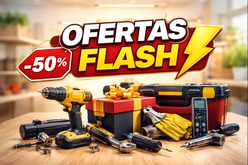 Herramientas de bricolaje en oferta colocadas sobre un banco de trabajo en un taller doméstico, destacando ofertas flash seleccionadas por Bricoplan