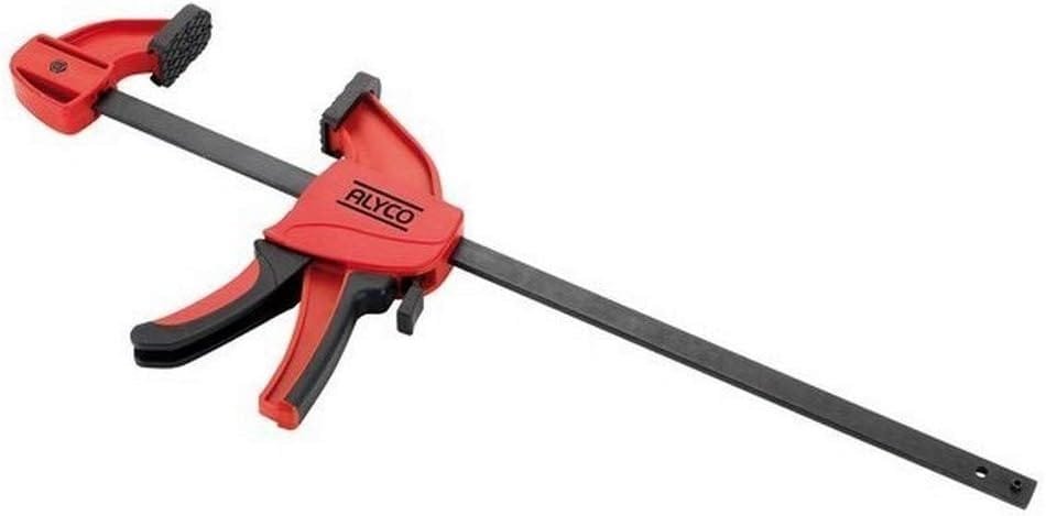 Garganta de presión roja y negra con mango ergonómico, diseñada para unir piezas de madera de manera segura.