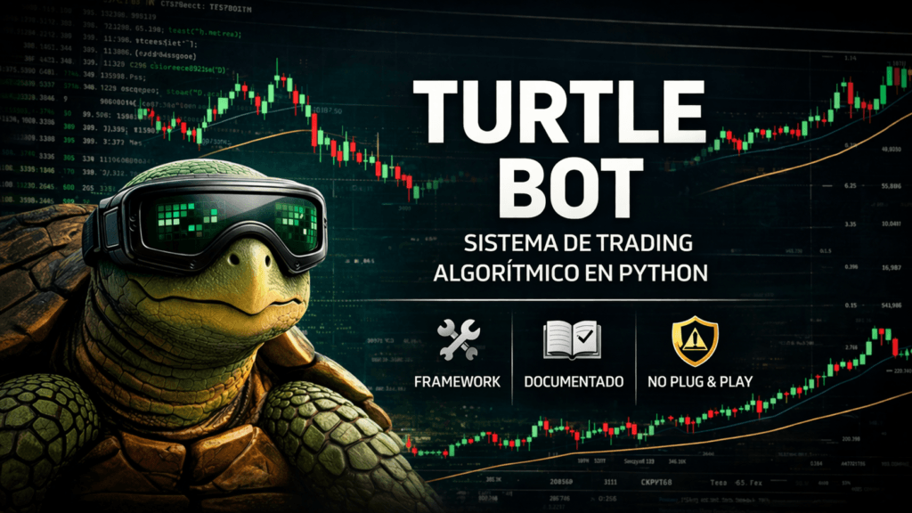 Turtle Bot, sistema de inversión algorítmica, sistema de trading algorítmico en Python inspirado en la estrategia de Richard Dennis, con gráficos financieros y una tortuga tecnológica representando disciplina y automatización.