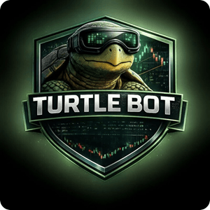 Logo de Turtle Bot: Un escudo metálico verde con una tortuga tecnificada y gráficos financieros de barras. Simboliza un sistema de inversión algorítmica