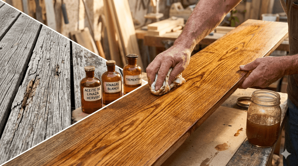 Una imagen comparativa dividida diagonalmente que muestra a la izquierda una madera vieja, gris y agrietada, y a la derecha una mano de artesano aplicando una mezcla dorada que revela una veta de madera vibrante y restaurada. En el centro, tres frascos antiguos etiquetados como "Aceite de Linaza Hervido", "Vinagre Blanco" y "Trementina".