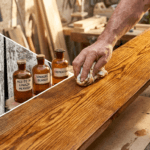 Una imagen comparativa dividida diagonalmente que muestra a la izquierda una madera vieja, gris y agrietada, y a la derecha una mano de artesano aplicando una mezcla dorada que revela una veta de madera vibrante y restaurada. En el centro, tres frascos antiguos etiquetados como "Aceite de Linaza Hervido", "Vinagre Blanco" y "Trementina".