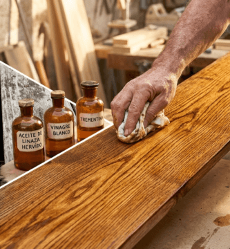 Una imagen comparativa dividida diagonalmente que muestra a la izquierda una madera vieja, gris y agrietada, y a la derecha una mano de artesano aplicando una mezcla dorada que revela una veta de madera vibrante y restaurada. En el centro, tres frascos antiguos etiquetados como "Aceite de Linaza Hervido", "Vinagre Blanco" y "Trementina".