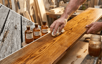 Una imagen comparativa dividida diagonalmente que muestra a la izquierda una madera vieja, gris y agrietada, y a la derecha una mano de artesano aplicando una mezcla dorada que revela una veta de madera vibrante y restaurada. En el centro, tres frascos antiguos etiquetados como "Aceite de Linaza Hervido", "Vinagre Blanco" y "Trementina".