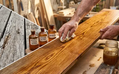 Una imagen comparativa dividida diagonalmente que muestra a la izquierda una madera vieja, gris y agrietada, y a la derecha una mano de artesano aplicando una mezcla dorada que revela una veta de madera vibrante y restaurada. En el centro, tres frascos antiguos etiquetados como "Aceite de Linaza Hervido", "Vinagre Blanco" y "Trementina".